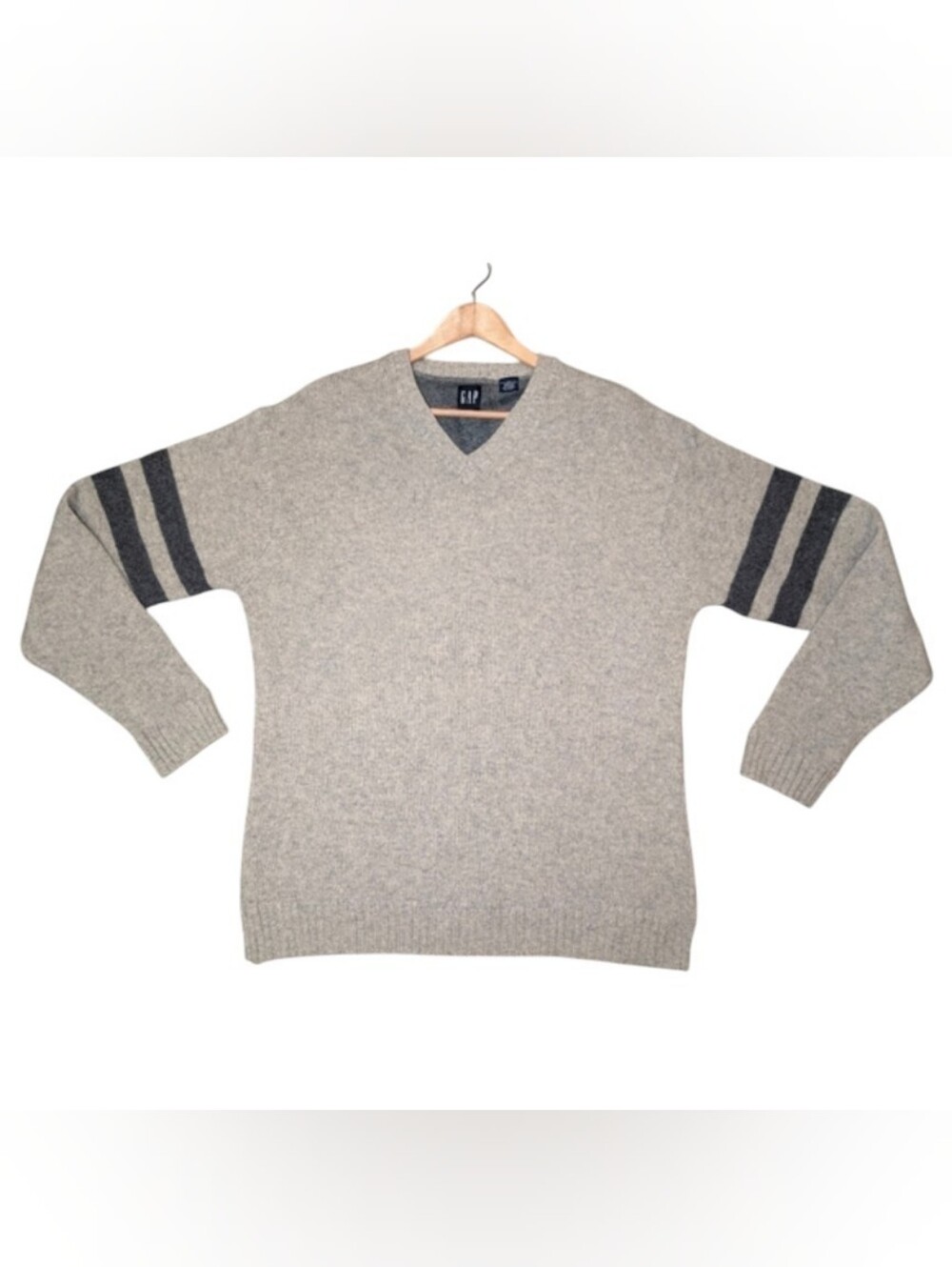 GAP 100% Lambswool Men's XL V-Neck Knit Sweater Taupe Gray Stripe Relaxed Long